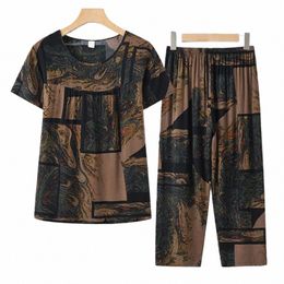 2 Pcs/Set Trendy Two Piece Suit Mid-aged T-shirt Pants Set O Neck Colorful Fr Print Mid-aged Night Clothes Slee 46rp#