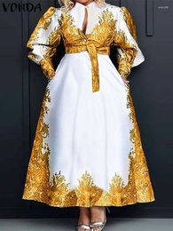 Casual Dresses VONDA Elegant Shirt Long Maxi Dress Women Sleeve Belted Printed Sundress 2024 Fashion Buttons Vintage Robe