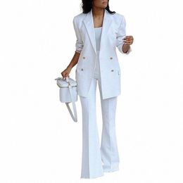 elegant Women's Tracksuit Double Breasted Blazers and Straight Flare Pants Suit Matching Two 2 Piece Set Outfits l0K2#