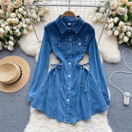 Casual Dresses Women Single Breasted Denim Retro Waist Slimming Temperament Turn-down Collar Bandage Slim Short Jeans