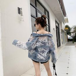 Women's Jackets Floral Embroidered Cutout Lace Panel Denim Summer Jeans Sun Protection Clothing Splice Jean Tops