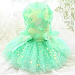 Dog Apparel Handmade Clothes Pet Supplies Princess Dress Shining Sequin 3D Embroidery Green Butterfly Accessories Soft Tulle One Piece