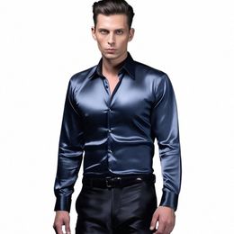 Herren Satin Silk Dr Shirt Lg Sleeve Slim Busin Formal Casual Tops Classic P87t#