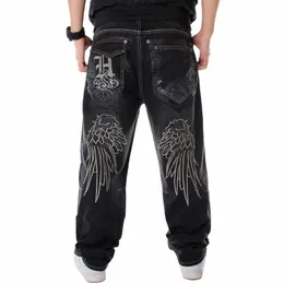 street Dance Wide Legs Baggy Jeans Men Fi Embroidery Black Loose Board Denim Pants Male Rap Hip Hop Jeans Plus Size 30-46 E7Cz#