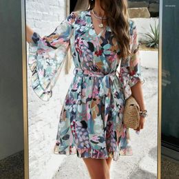 Casual Dresses Ruffle Summer Dress Floral Print V Neck Vacation With Lace-up Belt Patchwork Three Quarter Sleeve A-line For Women