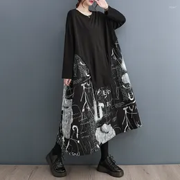 Casual Dresses 2024 Arrival Korea Style Print Patchwork Long Sleeve Black Autumn Dress Street Fashion Women Spring Midi