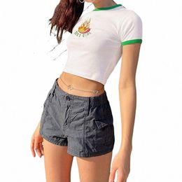 women Vintage Elastic Low Waist Cargo Shorts Summer Casual Solid short overalls pants with Pockets for Nightclub Streetwear c3MA#