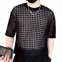 2023 Men T Shirt Mesh Transparent Solid O-neck Short Sleeve Men Clothing Loose Party Streetwear Fi Tee Tops INCERUN S-5XL g4KW#