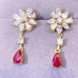 Dangle Earrings Natural Real Red Ruby Drop Earring Luxury Flower Style 4 6mm 0.45ct 2pcs Gemstone 925 Sterling Silver Fine Jewelry L24367