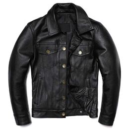 Men's Leather Faux Leather 2023 New Cowboy Genuine Leather Jacket Mens Natural Cowhide Slim Short Coat Casual Style Single Breasted Fashion Clothes 240330