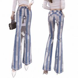 spring INS Stripe Jeans Women Mid Waist Flares Pants Ladies Ctrast Colour Trousers For Women Fi Panelled Pantales Mujer l1rL#