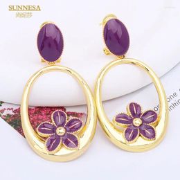 Dangle Earrings SUNNESA Elegant Purple Flower African For Women Jewelry Accessories 18k Gold Plated Hoop Dubai Jewellery