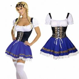 plue Size S -XXXL Real Pictures Womens German Blue Black White Oktoberfest Beer Maid Dirndl Wench Fancy Dr Costume 366v#