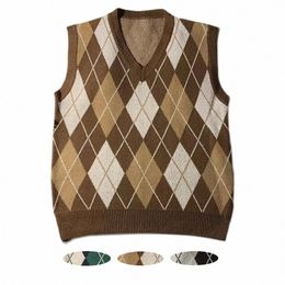 retro Argyle Plaid Pattern Knitwear V Neck Women Knitted Waistcoat Sleevel Sweater Vest For Men Purple Green Brown Grey E4lW#