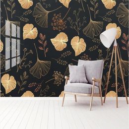 Wallpapers Milofi Custom Large Wallpaper Mural 3d Simple Small Fresh Golden Texture Ginkgo Leaf Line Background