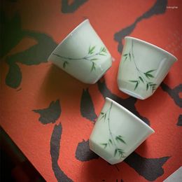 Cups Saucers Hand-painted Dark Green Bamboo Small Tea Cup Chinese Style Antique Kungfu White Porcelain Single Fragrant