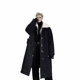 men Winter Splice Lambswool Collar Loose Lg Parka Overcoat Cott Padded Trench Coat Male Streetwear Vintage Jacket Outerwear f0zT#
