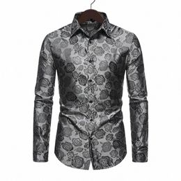 men Fi Dr Shirt Floral Print Men's Slim Fit Lg Sleeve Shirt Lapel Casual Blouse for Spring/autumn Rose Fr for Male H88J#