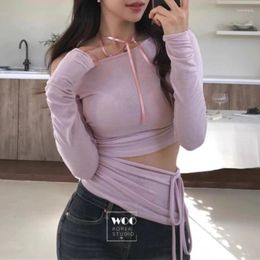 Women's T Shirts Vintage Hollow Lace-up Sexy Slim Long-sleeved T-shirt Women 2024 Summer Korean Pleated Solid Color All Match Halter Tops