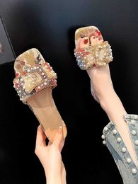 Slippers 2023 Womens Sandals Chunky Low Heel Fashion Flat Ladies Rhinestone Shoes Comfort Summer Peep Toe Slides H240328J05Z