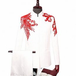 jacket+pants Chinese Style Men's Suits Sequins Embroidery Blazers Stand Collar Tuxedo Dr Singer Host Stage Costume 2 Pieces S7uP#