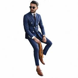 Ternos Fi masculinos Stripe Suit 2 Piece Luxury Slim Fit Double Breasted Jacket Set Man Groomsman Smoking para festa de casamento k09u #