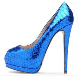 Dress Shoes Metallic Blue Snakeskin Stiletto Heels Peep Toe Slip On Women Platform Pumps 14CM Spring Autumn Banquet