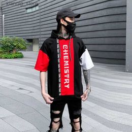 Men's T-Shirts 2023 Summer Black Red White Patchwork Hip Hop Short Sleeve T Shirt Mens Casual Punk Hooded Tee Shirts Street Wear24328