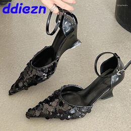 Dress Shoes In 2024 Pointed Toe Ladies High Heels Wedges Female Ankle Buckle Fashion Bling Footwear Women Pumps