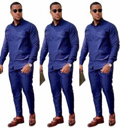 blue Men's Luxury Suit Lg Sleeve Blazer Trousers Coat Wearing Big Pocket Summer Wear Tailored Safari Jacket 2pcs Coat Pant m6lH#