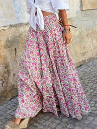 Summer Long Skirts Women Boho Print Skirt Female Floral Beach Maxi Ladies Vintage Loose Elastic Waist Holiday 240328