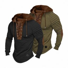 hooded Sweatshirt Vintage Lace-up Drawstring Men's Hoodie with Pleated Shoulders Soft Stretchy Breathable Daily Top Men Retro n1Lo#