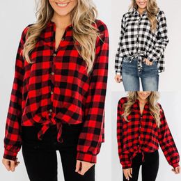 Women's Blouses Women Cardigan Shirt Fall Loose Plaid Tied Knot Long Sleeve Chequered Slim Turn-Down Collar Clothes For