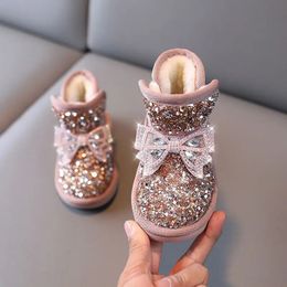 Princess Boots Girls Winter Snow Plus Velvet Warm and Cold Resistant Baby Kids Furry Shoes 240321