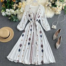 Casual Dresses National Women Geometric Lady Embroidery Cotton Linen A-line Autumn Dis5