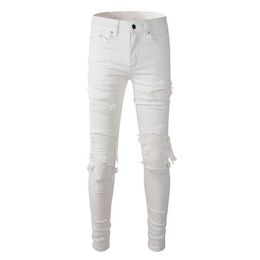 Men's Jeans Sokotoo mens white striped torn bicycle jeans ultra-thin pleated patch jeans J240328