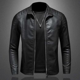 Men's Leather Faux Leather Spring and Autumn Mens Motorcycle Jacket Solid Polo Neck Fashion Casual PU Jacket High Quality Mens Leather Jacket 240330