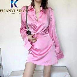 Casual Dresses 2024 Spring Summer Dress Women Sexy Lapel Long Sleeve High Waist Short Pleated Fashion Elegant Satin Shirt Female