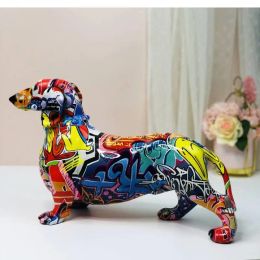 Sculptures Colour Graffiti Dachshund Dog Sculpture Ornament Animal Statue Living Room Home Decoration Office Desktop Jewellery Resin Crafts