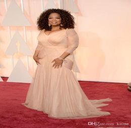 2019 Cheap Oprah Winfrey Oscar Celebrity Dresses Evening Wear plus size v neck sheath tulle with long sleeves Sweep Train Draped P4034051