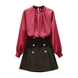 Work Dresses Spring Autumn Office Two-piece Set For Women Chiffon Blouse Tops And Mini Skirt Female Large Size Slim Solid Colour Matching