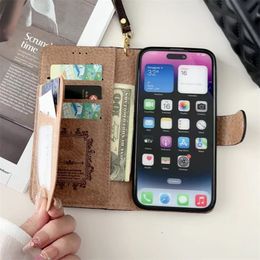 Fashion Wallet Phone Cases for iPhone 15 15pro 14 14pro 14plus 13 13pro 12 12pro 11 pro max Leather 6 Card Holder Luxury Cellphone Cover with Wristband