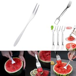 2024 2 In 1 Watermelon Fork Slicer Dual Head Multi-Purpose Watermelon Slicer Cutter Knife Stainless Steel Kitchen Fruit Cutting Forks