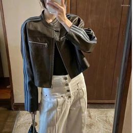 Women's Leather Sheepskin Contrasting Colour Small Jacket Stand Up Collar Motorcycle Short For Women In Autumn And Winter