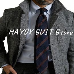 tweed Men's Suit Jacket Vintage Single Breasted Busin Formal Men Ensembles De Blazers For Wedding Costume Homme Q4O3#