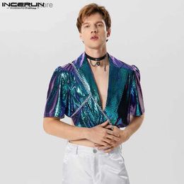 Men's T-Shirts Men Blazer Patchwork Shiny Lapel Short Sleeve Streetwear Casual Irregular Suits Backless 2023 Fashion Male Thin Coats24328