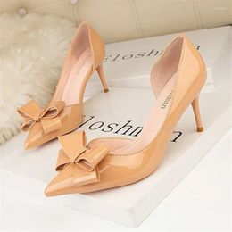 Dress Shoes Sweet Bowtie Shallow High Heels Women Autumn Pointed Toe Green Leather Pumps Sexy Hollow Ladies Party