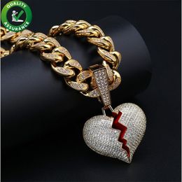 Hip Hop Jewellery Designer Necklace Iced Out Pendant Cuban Link Chain Gold Diamond Break Heart Pendants Luxury Bling Charm Rapper Me273u