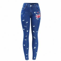 2108 Youax Floral Painted Jeans With Embroidery Fr Women Stretchy Denim Pants Trousers For Woman Skinny Jeans h2wf#