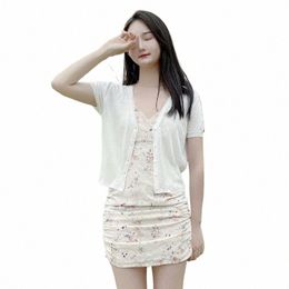 jersey Summer Cardigan Women Crochet Top Bolero Woman Cropped Knitwear Korean Fi Style Slim Sweaters Outerwear Girls V-neck U21H#